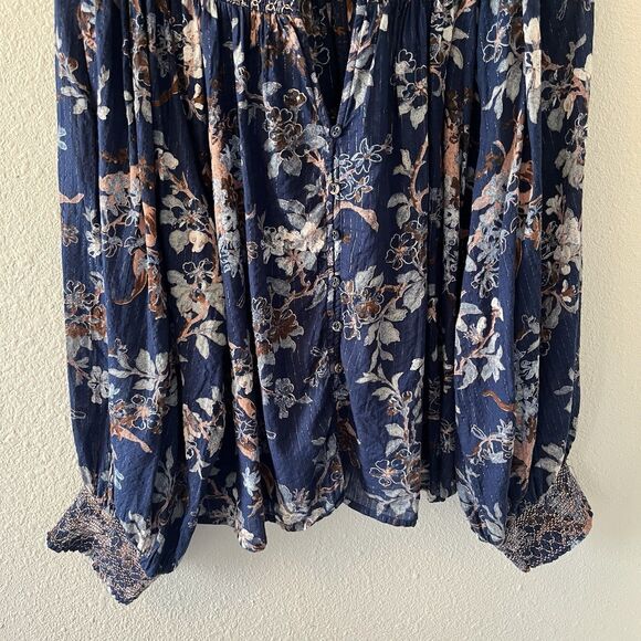 By Anthropologie Women's Blouse Size Large Long Sleeve Blue Floral Smocked Boho - Picture 4 of 12